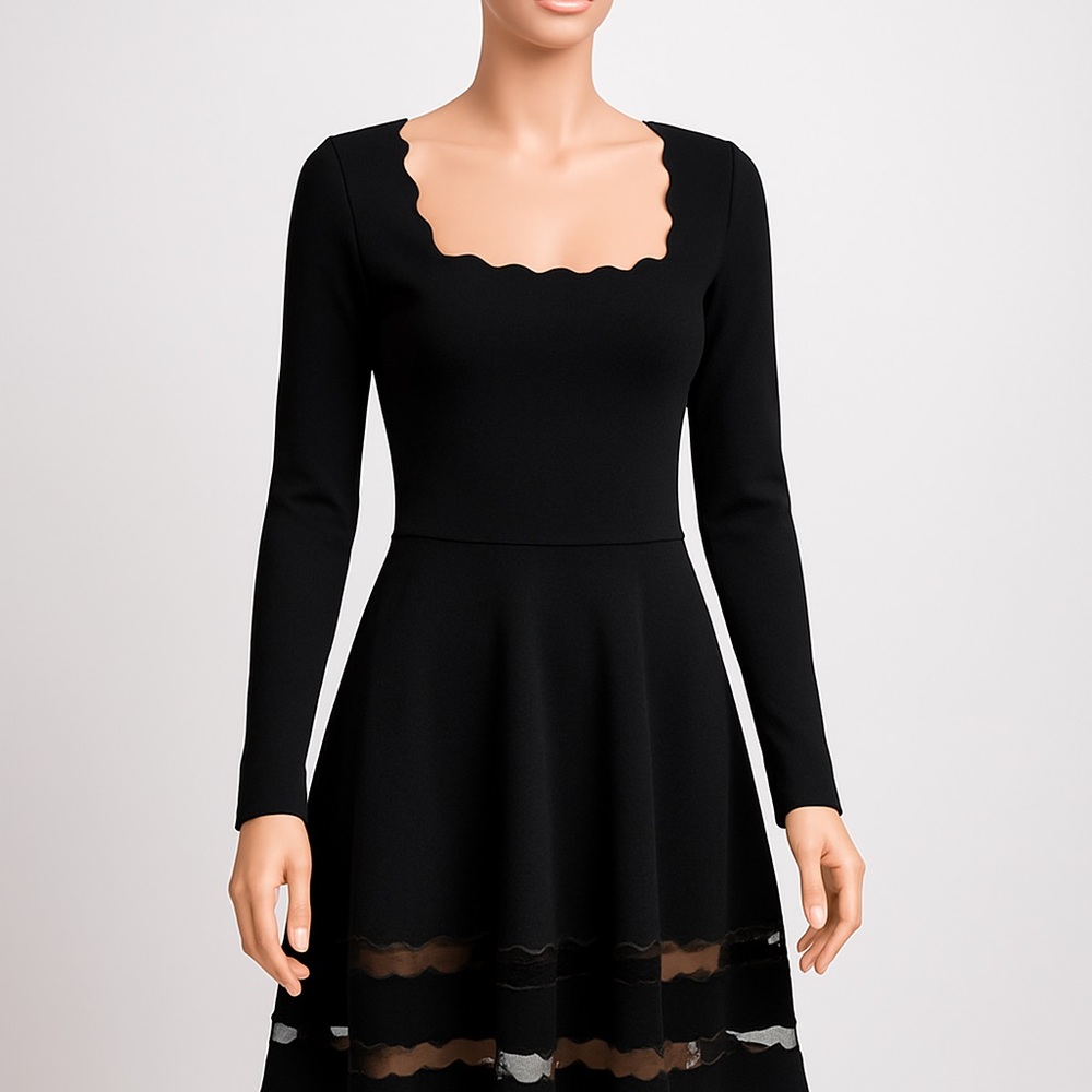 RED Valentino Black Long Sleeve Fit & Flare Dress Lace Hem Lined Like New
